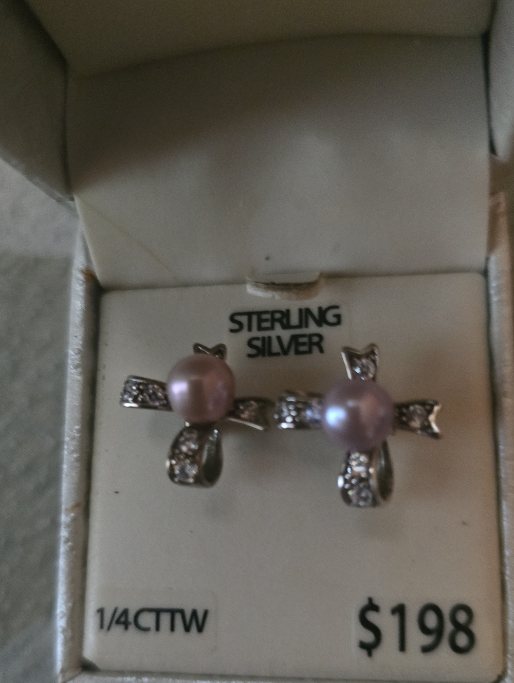 Sterling Silver Pink Pearl & Cubic Zirconia Bow Earrings